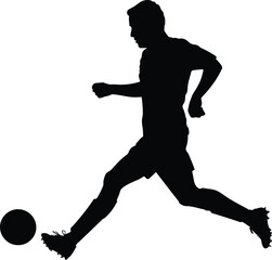 Black vector silhouette of a soccer player running and kicking a football in competitive sports action