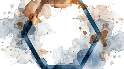 Hexagonal Watercolor Frame with Indigo, Rust Gold & Pewter Silver Pigments, Faint Flower Petals, and Peel-Off Edges
