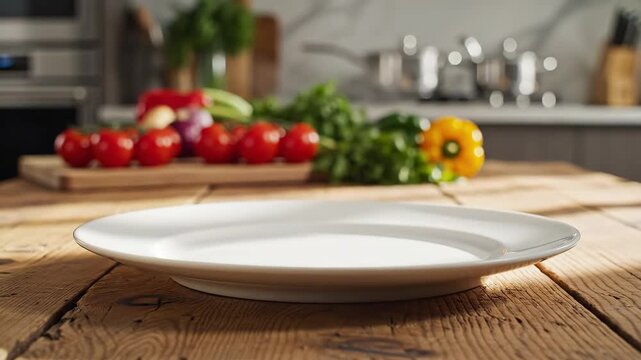 Empty Plate on Kitchen Table - An empty white plate sits on a rustic wooden kitchen table in the sunlight.
