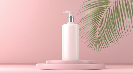 White cosmetic bottle on pink podium with palm leaf against pink background