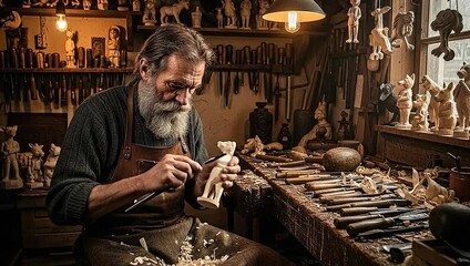 Skilled artisan meticulously carves wooden figurines in a rustic workshop, surrounded by tools and finished crafts. - Powered by Adobe