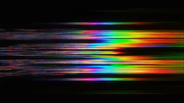 Abstract digital glitch art with vibrant rainbow spectrum light streaks on a dark background, creating a futuristic and distorted visual effect.