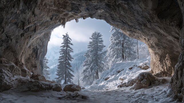 View from inside a rocky cave to snow-covered pine forest