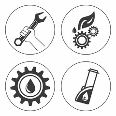 Set of four round icons representing mechanical work isolated on
