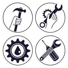 Set of four round icons representing mechanical work isolated on