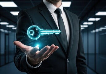 Businessman holds glowing digital key in futuristic server room