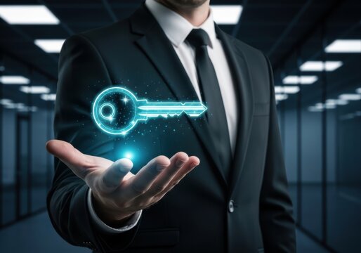 Businessman holds glowing digital key in futuristic server room