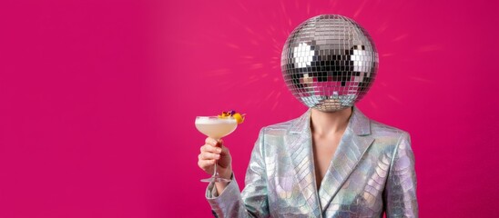Person with a shining disco ball for a head wearing a metallic jacket, holding a decorated cocktail, standing against a vibrant fuchsia background, depicting a lively party or celebration