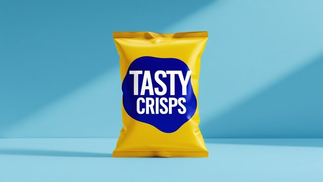 Yellow bag of tasty crispy snacks on blue background - Powered by Adobe