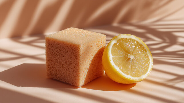 A cube sponge and a lemon half casting shadows on a peach background