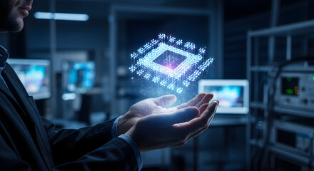 Engineer holding a glowing microchip in his hands, showcasing advanced technology concept