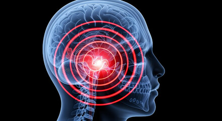 Illustration of human head with brain skull and red circles indicating pain or neurological activity