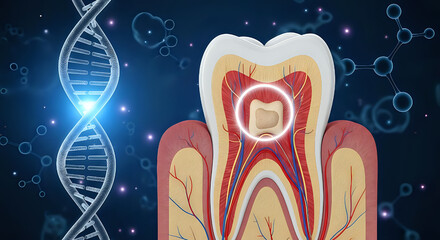 Anatomical tooth cross section with dna helix and molecular structure on a dark blue background