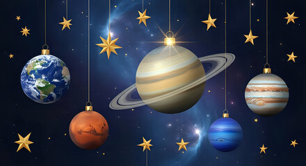 Planets as christmas ornaments hanging in space with stars against a nebula background