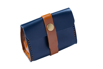 Handcrafted Blue Leather Pouch With Tan Strap and Metal Button Closure