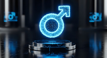 Glowing male symbol displayed on a circular platform with a dark and futuristic background design