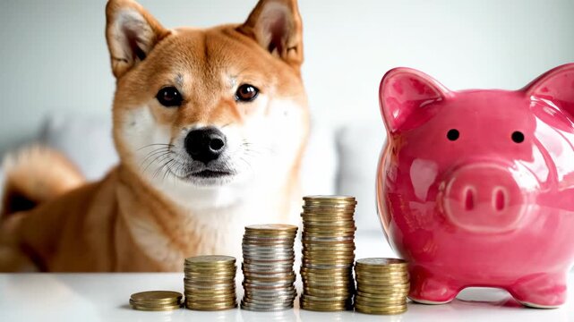 Shiba Inu with Piggy Bank and Coins - A cute Shiba Inu dog lies behind stacks of coins and a pink piggy bank. The dog is looking directly at the viewer with a curious expression.