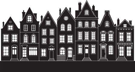 Laser cut Amsterdam style houses. Silhouette of row typical dutch canal houses at Netherlands. Stylized facade of old buildings. Wood carving, paper cut vector template. Background for banner