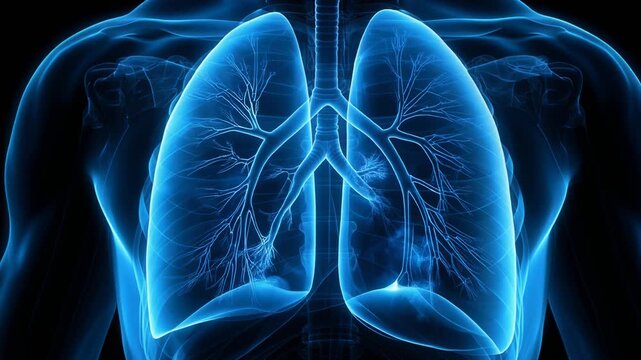 Detailed illustration of human lungs in blue light showcasing respiratory system anatomy
