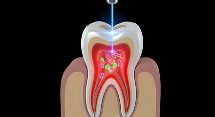 Illustration of a tooth being treated with a laser for bacteria removal in a dental procedure