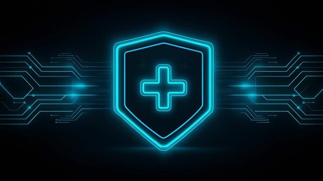 Futuristic healthcare technology shield with glowing blue lines and medical cross symbol