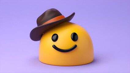 A whimsical yellow emoji character wearing a brown cowboy hat, depicted in a 3D render with a playful smile against a vibrant purple backdrop, Generative AI