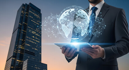 Businessman using tablet with digital globe, representing global business and technology