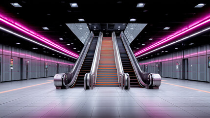 Escalators leading to the platform in a modern subway station