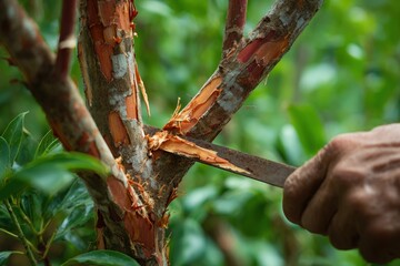 A worker carefully scrapes fresh cinnamon bark from a tree branch amid dense green plantation foliage