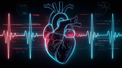 Futuristic neon heart illustration with heartbeat line and digital elements for medical technology - Powered by Adobe