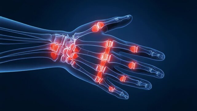 Detailed X-ray of a human hand highlighting joints and bones for educational and medical purposes