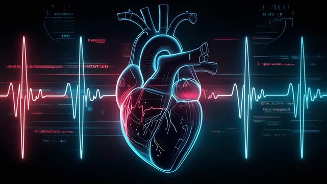 Futuristic neon heart illustration with heartbeat line and digital elements for medical technology