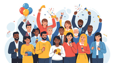 A joyful flat design illustration featuring a diverse group of people from various backgrounds, laughing and celebrating together. 
