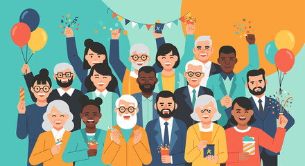 A joyful flat design illustration featuring a diverse group of people from various backgrounds, laughing and celebrating together. 