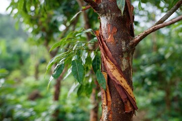 Fresh cinnamon bark peels from a tree trunk surrounded by lush green foliage in a tropical plantation