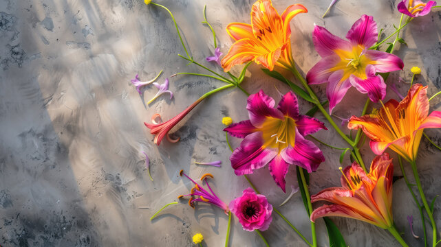 Colorful lilies blooming on gray concrete background