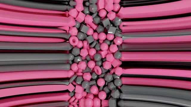 Horizontal band of 3D objects, abstract tech and creative visualization