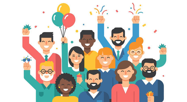 A joyful flat design illustration featuring a diverse group of people from various backgrounds, laughing and celebrating together.