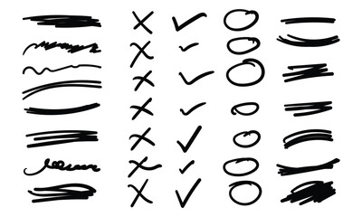 Set of hand drawn underlines, crosses, ticks, circles isolated on white background vector collection of sketch lines