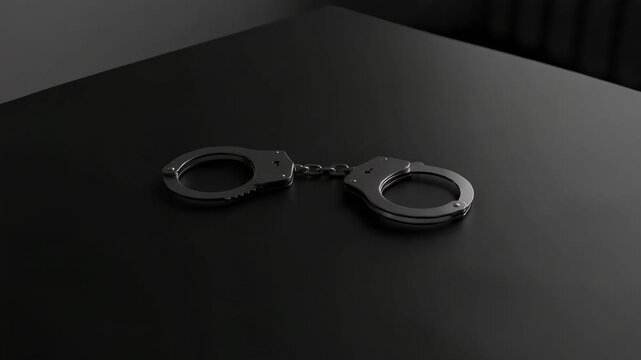 Shiny metal handcuffs resting on a dark table, symbolizing crime, arrest, and justice in a somber and serious atmosphere with dramatic lighting creating a concept of law enforcement and punishment