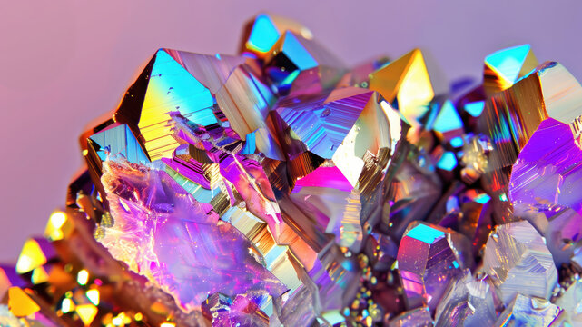 Iridescent crystal cluster displaying vibrant colors and geometric facets