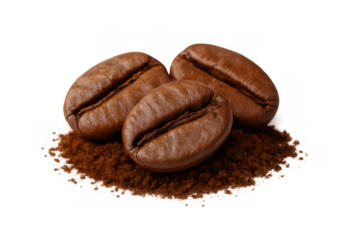 Coffee beans resting on ground coffee powder, creating a rich aroma and highlighting the brewing process on transparent background