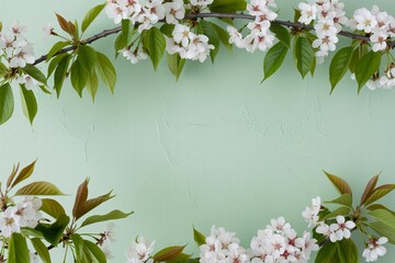 Spring blossom background with cherry flowers and leaves on pastel green wall
