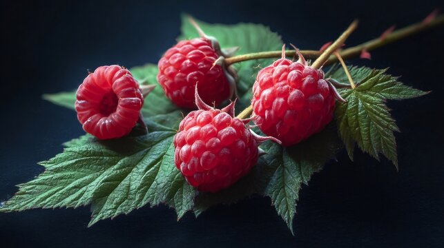 Fresh raspberries with green leaves on dark background - Powered by Adobe