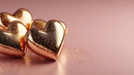 Golden glitter heart design on pink background