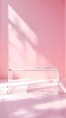 A clear acrylic or glass block podium on a pink background with strong leaf and tree shadows. Minimalist, clean, and feminine product display stand