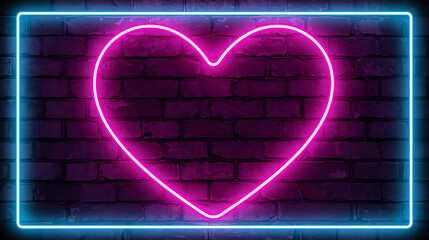 Vibrant neon heart sign on a brick wall background