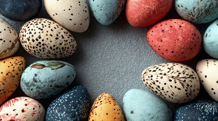 Colorful speckled eggs framing copy space surface