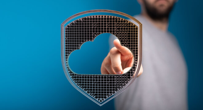 Man touching cloud symbol, digital security, protection, hand touching, data, network concept,  safety and priv