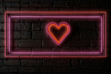 Glowing neon heart inside a rectangular frame on brick wall